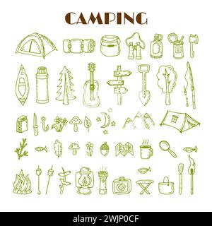 Set di attrezzature da campeggio e da trekking disegnate a mano. Collezione di doodle per viaggi e vacanze. Icone delle escursioni. Illustrazione vettoriale Illustrazione Vettoriale