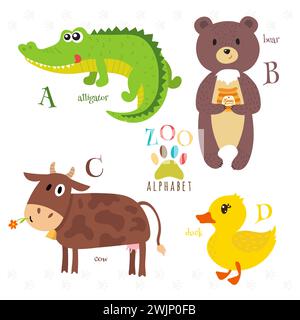 Alfabeto dello zoo con divertenti cartoni animati. Lettere a, b, c, d. Alligatore, orso, mucca, anatra. Illustrazione vettoriale Illustrazione Vettoriale