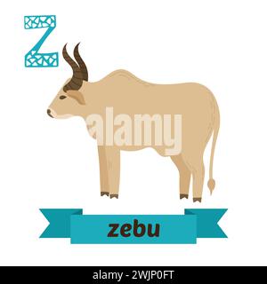 Zebu. Lettera Z. Carini alfabeto animale per bambini in vettore. Simpatici animali da cartone animato. Illustrazione vettoriale Illustrazione Vettoriale
