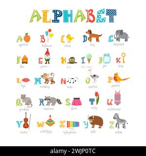 ABC. Vocabolario cartoni animati per l'istruzione. Alfabeto per bambini con cartoni animati carini e altri elementi divertenti. Illustrazione vettoriale Illustrazione Vettoriale