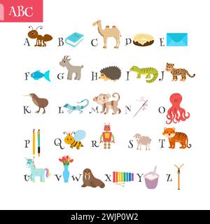 ABC. Vocabolario cartoni animati per l'istruzione. Alfabeto per bambini con cartoni animati carini e altri elementi divertenti. Illustrazione vettoriale Illustrazione Vettoriale