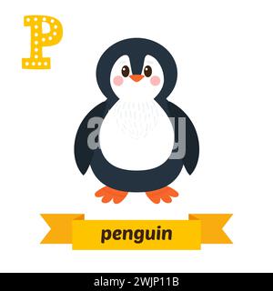 Pinguino. Lettera P. Carini alfabeto animale per bambini in vettore. Simpatici animali da cartone animato. Illustrazione vettoriale Illustrazione Vettoriale