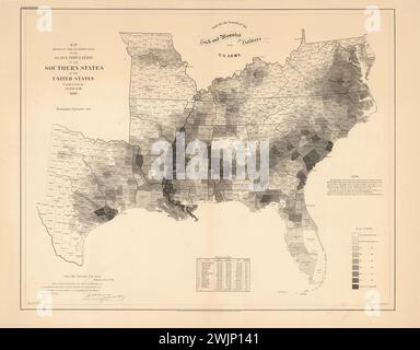 Mappa americana d'epoca, che mostra la distribuzione della popolazione schiava degli Stati del Sud degli Stati Uniti sulla base del censimento del 1860. La mappa mostra la proporzione di abitante in base alle contee e utilizza la scala di grigi per presentare la percentuale. Legenda fornita. A cura dell'Ufficio del censimento, Dipartimento degli interni, settembre 1861. Foto Stock