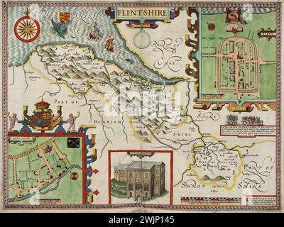 Mappe gallesi d'epoca, Flintshire. 1607. Da John Speed's County Maps of Wales for first published in the Theatre of the Empire of Great Britain by George Humble Foto Stock