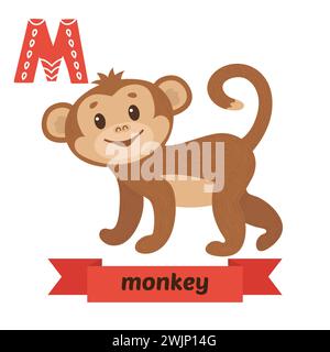 Scimmia. Lettera M. Carini alfabeto animale per bambini in vettore. Simpatici animali da cartone animato. Illustrazione vettoriale Illustrazione Vettoriale