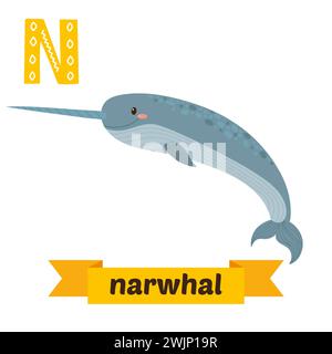 Narwhal. N lettera. Carini alfabeto animale per bambini in vettore. Simpatici animali da cartone animato. Illustrazione vettoriale Illustrazione Vettoriale