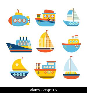 Serie di trasporti marittimi. Diversi tipi di barche. Barche da pesca, yacht e barche a vela. Illustrazione vettoriale Illustrazione Vettoriale