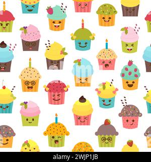 Motivo senza cuciture con cupcake e muffin. Sfondo compleanno. Cupcake Kawaii. Carini personaggi dei cartoni animati, emoji. Illustrazione vettoriale Illustrazione Vettoriale