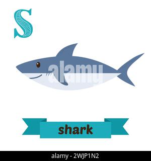 Squalo. Lettera S. Carini alfabeto animale per bambini in vettore. Simpatici animali da cartone animato. Illustrazione vettoriale Illustrazione Vettoriale