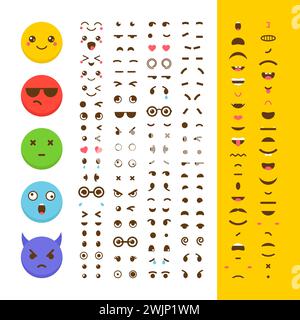 Crea la tua emoticon. Facce di Kawaii. Emoji. Avatar. Set di creazione di caratteri. Stile piatto cartoni animati. Illustrazione vettoriale Illustrazione Vettoriale