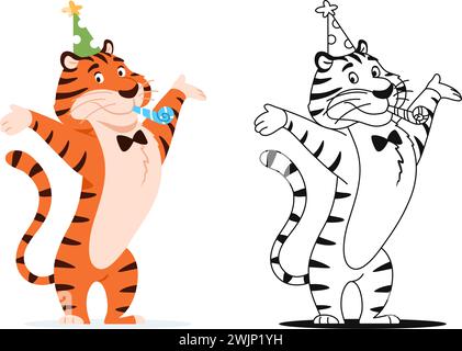 Libro da colorare. Divertente tigre cartoni animati con fischietto. Illustrazione Vettoriale