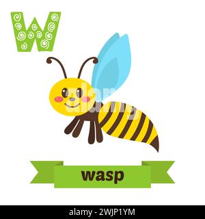 WASP. Lettera W. Carini alfabeto animale per bambini in vettore. Simpatici animali da cartone animato. Illustrazione vettoriale Illustrazione Vettoriale