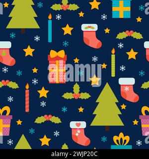 Motivo natalizio senza cuciture. Sfondo carino con albero di Natale, fiocchi di neve, stelle, confezione regalo, frutti di bosco e calze natalizie. Illustrati vettoriali Illustrazione Vettoriale