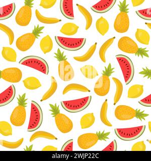 Motivo senza cuciture con banane, ananas e limoni. Grazioso sfondo tropicale. Frutta estiva brillante. Illustrazione vettoriale Illustrazione Vettoriale