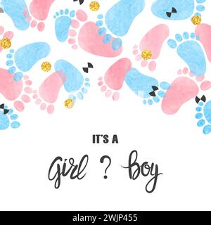 Design della scheda bambino/ragazza. Modello invito acquerello con le mani e i piedi del palmo del bambino Illustrazione Vettoriale