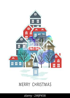 Buon Natale con la città dei cartoni animati. Alberi invernali e case a forma di albero di Natale Illustrazione Vettoriale