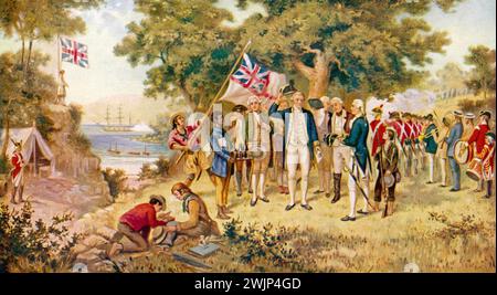 JAM,es COOK 1728-1779) ufficiale navale ed esploratore inglese. Un dipinto del 1770 che mostra Cook che prende possesso formale del nuovo Galles del Sud. Foto Stock