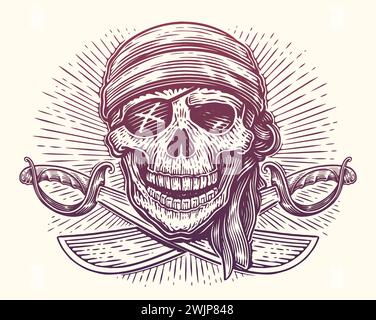 Jolly Roger emblema. Cranio e sciabole incrociate. Illustrazione vettoriale vintage disegnata a mano Illustrazione Vettoriale