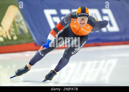 Calgary, Canada. 16 febbraio 2024. CALGARY, CANADA - 16 FEBBRAIO: Stefan Westenbroek dei Paesi Bassi gareggia sui 500m Men durante i Campionati mondiali ISU di pattinaggio su distanze singole all'Olympic Oval il 16 febbraio 2024 a Calgary, Canada. (Foto di Andre Weening/Orange Pictures) credito: Orange Pics BV/Alamy Live News Foto Stock