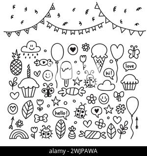 Elementi di design disegnati a mano. Set da festa di oggetti da festa. Disegni dei figli Doodle. Illustrazione vettoriale Illustrazione Vettoriale