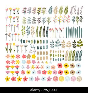 Grande set floreale. Collezione colorata con rami e fiori. Elementi di design per inviti, cartoline di compleanno, biglietti di auguri o matrimoni. Vettore Illustrazione Vettoriale