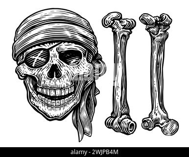 Cranio e ossa. Schizzo pirata. Stile di incisione con illustrazione vettoriale vintage disegnata a mano Illustrazione Vettoriale