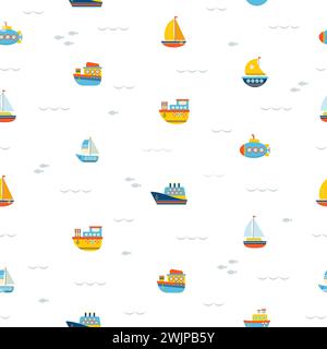 Motivo senza cuciture con elementi di design nautici. Contesto Marine Concept. Simpatici bambini con le navi. Illustrazione vettoriale Illustrazione Vettoriale