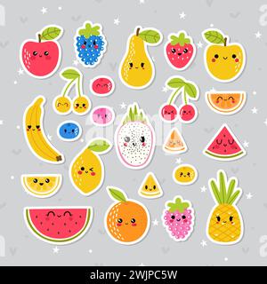 Simpatici adesivi di frutta sorridenti e tropicali kawaii disegnati a mano. Collezione Healthy Lifestyle. Set di personaggi dei cartoni animati Illustrazione Vettoriale