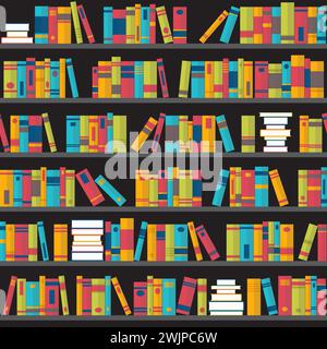 Motivo senza cuciture con libri su scaffali. Design piatto. Biblioteca, libreria. Illustrazione vettoriale Illustrazione Vettoriale
