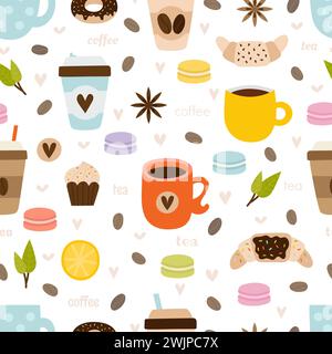 Caffè disegnato a mano e tè senza cuciture. Set di utensili da cucina, simboli, oggetti ed elementi. Sfondo carino e divertente. Illustrazione vettoriale Illustrazione Vettoriale