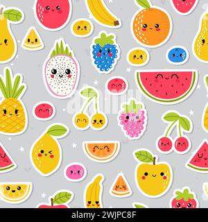 Colorato disegno a mano senza cuciture con frutta tropicale estiva e frutti di bosco. Simpatici adesivi per il tuo design. Cibo sano. Stile Kawaii Illustrazione Vettoriale