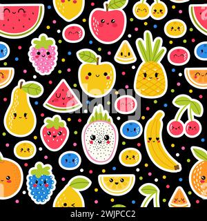 Colorato disegno a mano senza cuciture con frutta tropicale estiva e frutti di bosco. Sfondo carino per il tuo design. Cibo sano. Stile Kawaii Illustrazione Vettoriale