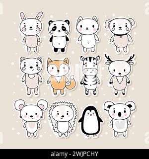 Set di simpatici adesivi disegnati a mano con gli animali. Simpatici personaggi dei cartoni animati. Coniglietto, panda, gatto, cane, orso, volpe, zebra, cervi, topi, ricci, pinguino, koal Illustrazione Vettoriale