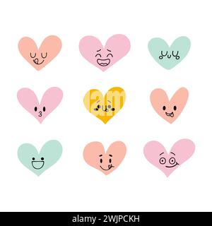 Simpatici cuori felici. Carini personaggi dei cartoni animati. Set di icone del cuore. Cuori creativi disegnati a mano con emozioni diverse. Illustrazione vettoriale Illustrazione Vettoriale