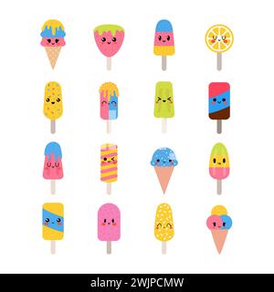 Set di simpatici personaggi del gelato kawaii. Un delizioso gelato a base di cartoni animati con coni per waffle e papaveri. Dolci estivi. Illustrazione vettoriale Illustrazione Vettoriale