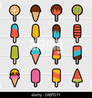 Collezione di simpatici adesivi per gelati a cartoni animati. Dolci estivi disegnati a mano. Succo di frutta congelato, dessert. Illustrazione vettoriale Illustrazione Vettoriale