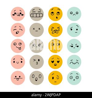 Set di simpatiche facce sorridenti disegnate a mano. Set di espressioni facciali di schizzo. Felice stile kawaii. Icone emoji. Collezione di personaggi emozionali dei cartoni animati. Ve Illustrazione Vettoriale