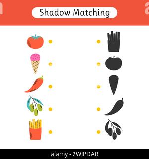 Gioco Shadow Matching per bambini. Trovare l'ombra corretta. Attività per bambini in età prescolare. Foglio di lavoro con cibo. Illustrazione vettoriale Illustrazione Vettoriale