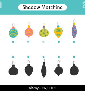 Gioco Shadow Matching per bambini. Tema di Natale. Trovare l'ombra corretta. Attività per bambini in età prescolare. Illustrazione vettoriale Illustrazione Vettoriale