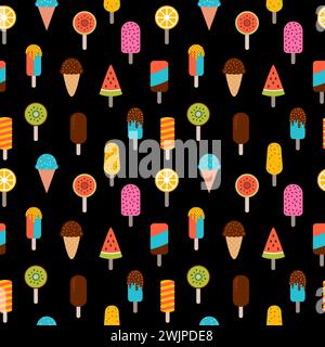 Piacevole motivo estivo senza cuciture con gelato su sfondo nero. Carta da imballaggio colorata, tessuto. Popsicle. Illustrazione vettoriale Illustrazione Vettoriale