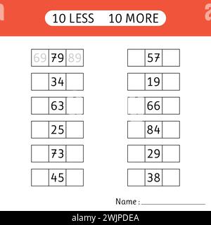 10 in meno, 10 in più. Inserire i numeri mancanti. Fogli di lavoro per bambini. Matematica. Esercizi matematici. Illustrazione vettoriale Illustrazione Vettoriale