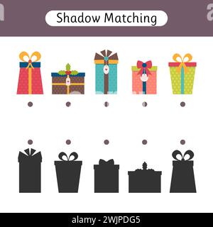Gioco Shadow Matching per bambini. Fogli di lavoro con regali. Trovare l'ombra corretta. Natale. Attività per bambini in età prescolare. Illustrazione vettoriale Illustrazione Vettoriale