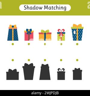 Gioco Shadow Matching per bambini. Fogli di lavoro con regali. Trovare l'ombra corretta. Attività per bambini in età prescolare. Natale. Illustrazione vettoriale Illustrazione Vettoriale