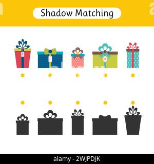 Gioco Shadow Matching per bambini. Fogli di lavoro con regali. Natale. Trovare l'ombra corretta. Attività per bambini in età prescolare. Illustrazione vettoriale Illustrazione Vettoriale