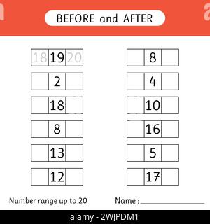 Inserire i numeri mancanti. Prima e dopo. Intervallo numerico fino a 20. Matematico. Fogli di lavoro per bambini. Illustrazione vettoriale Illustrazione Vettoriale