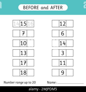 Inserire i numeri mancanti. Prima e dopo. Intervallo numerico fino a 20. Matematico. Foglio di lavoro per bambini. Illustrazione vettoriale Illustrazione Vettoriale