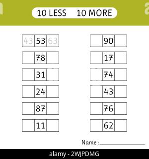 10 in meno, 10 in più. Inserire i numeri mancanti. Esercizi matematici. Fogli di lavoro per bambini. Matematica. Illustrazione vettoriale Illustrazione Vettoriale