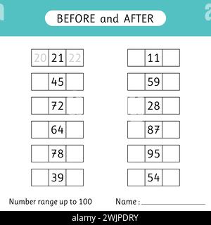 Inserire i numeri mancanti. Prima e dopo. Intervallo di numeri fino a 100. Matematica. Fogli di lavoro per bambini. Scuola. Illustrazione vettoriale Illustrazione Vettoriale