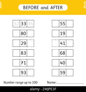 Inserire i numeri mancanti. Prima e dopo. Intervallo di numeri fino a 100. Fogli di lavoro per bambini. Matematica. Scuola. Illustrazione vettoriale Illustrazione Vettoriale