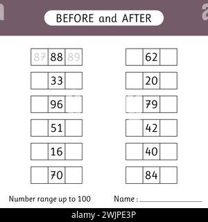 Inserire i numeri mancanti. Prima e dopo. Intervallo di numeri fino a 100. Matematico. Fogli di lavoro per bambini. Scuola. Illustrazione vettoriale Illustrazione Vettoriale